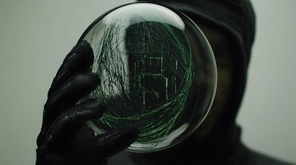 Hooded figure holding a glass sphere, dark background
