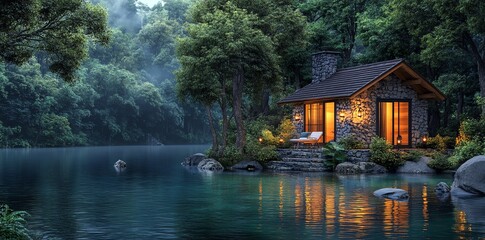 Obraz premium Serene Stone Cottage by Tranquil Lake: An Evening's Embrace