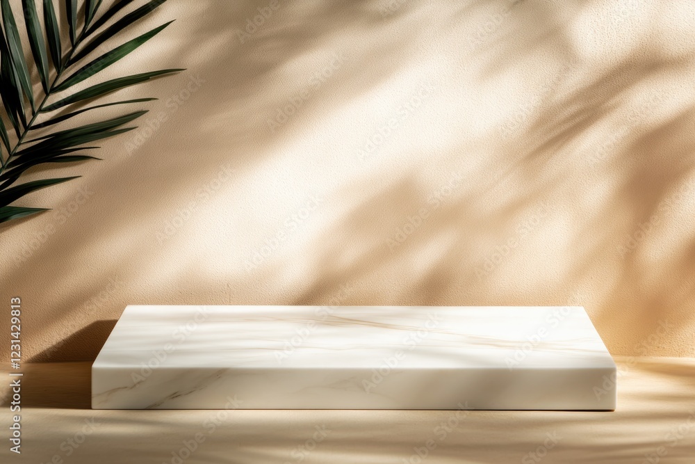 Poster minimalist display platform illuminated by soft shadows, surroun