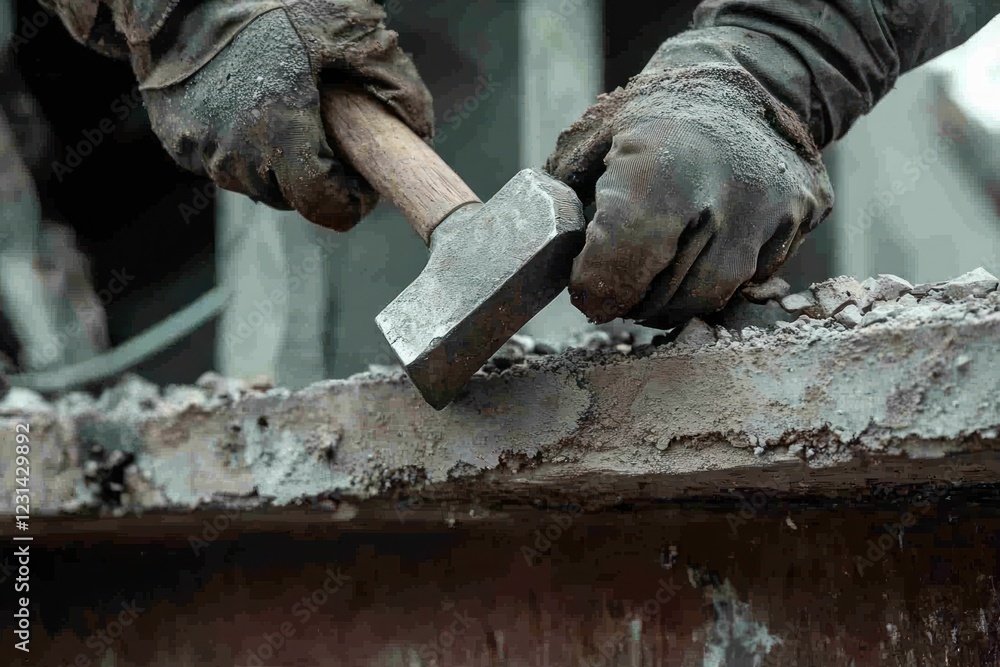 Poster close-up of worker's hands in gloves using a hammer to break a rusty metal beam.