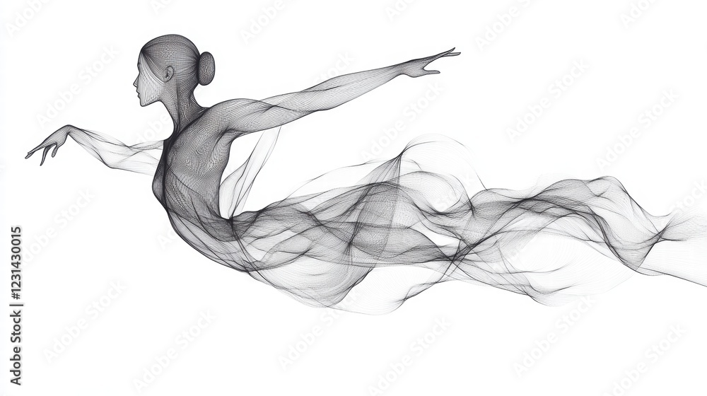 Poster a modern line art illustration of a dancer in motion, with flowing lines representing movement and g