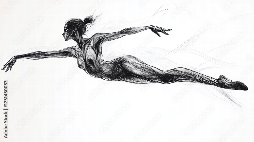Poster a modern line art illustration of a dancer in motion, with flowing lines representing movement and g