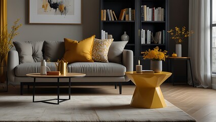 Art deco interior design of modern living room, home. Golden round coffee table near white sofa with teal pillows against wall with poster.Living room in art deco style	