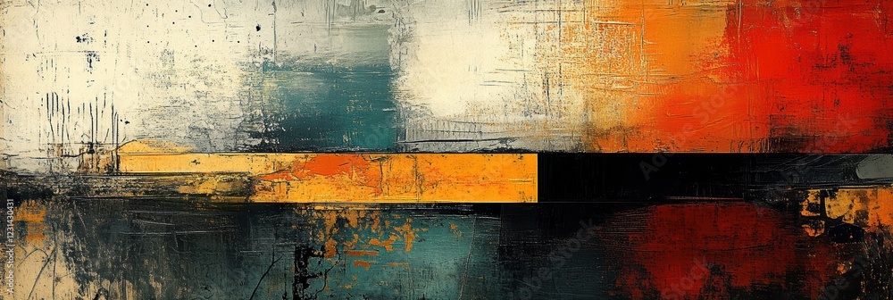 Poster a modern mixed-media abstract piece with layers of textured paint, collage elements, and digital man