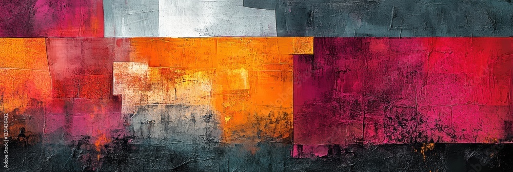 Aufkleber a modern mixed-media abstract piece with layers of textured paint, collage elements, and digital man