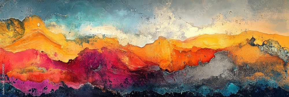 Poster a modern mixed-media abstract piece with layers of textured paint, collage elements, and digital man