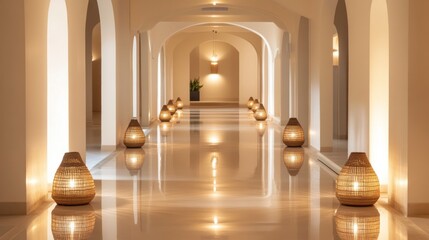 Fototapeta premium Serene spa corridor with soft lighting and polished floors.
