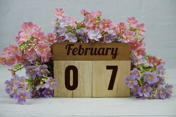 Wooden Calendar Showing the Date of February 7th. Day 7 of February month