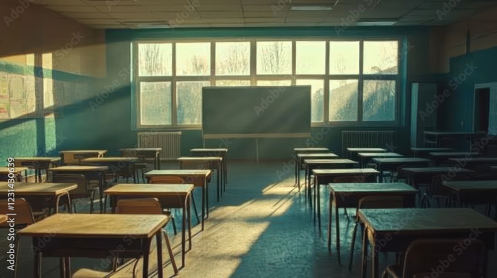 Poster sunlit empty classroom with desks and chalkboard.
