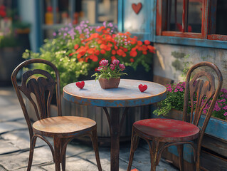 Obraz premium Quaint café table with heart-shaped accents for a sweet and cozy atmosphere