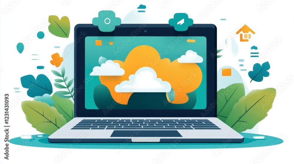 Poster cloud computing services depicted on a laptop screen with nature elements