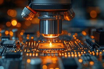 Technician Inspecting Quality of Assembled Electronic Circuit Board Under Microscope in Factory