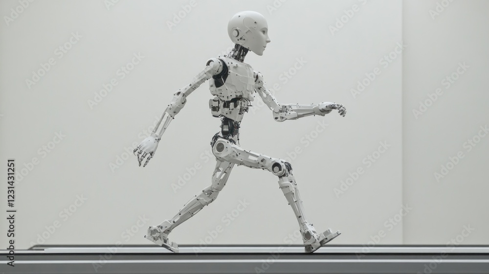 Poster a humanoid robot walks on a treadmill in a minimalist studio setting.