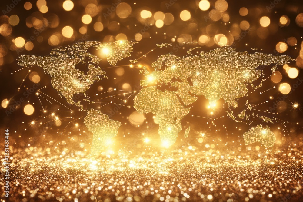 Poster golden world map with sparkling glitter and connecting lines, representing global network and connec