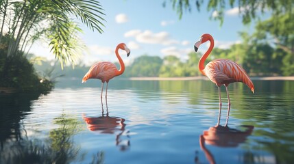 Fototapeta premium Tropical Flamingo Pair: Two elegant pink flamingos stand gracefully in a serene tropical lagoon, their reflections shimmering on the tranquil water. Palm trees sway gently in the background.