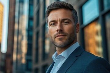 Fototapeta premium A portrait of a tall, handsome man with a serious expression, wearing a fitted suit, against a backdrop of modern architecture.
