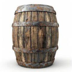 A rustic wooden barrel with metal bands, often used for aging beverages or storage. isolated on white background