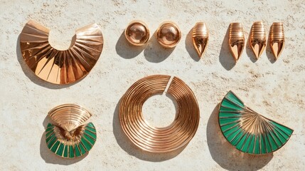 A flat lay of statement accessories in bold metallic hues, arranged on a textured neutral-toned background.