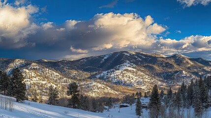 Panoramic view of snow-covered mountains under a dramatic sky.