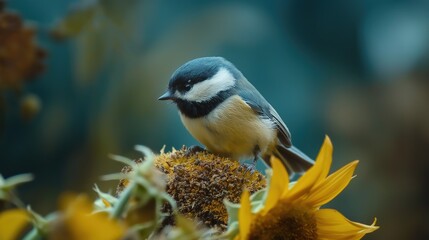 Fototapeta premium Blue and Yellow Bird on Sunflower, Autumnal Bokeh Background