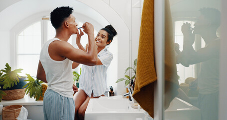 Brushing teeth, love and routine with couple in bathroom for dental hygiene or oral care. Mirror,...