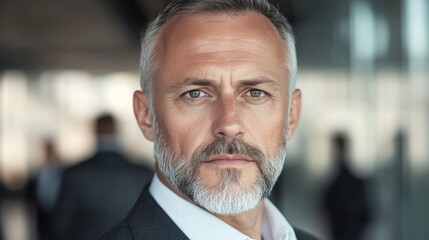 Portrait of a serious, middle-aged man with graying hair and beard, wearing a suit.