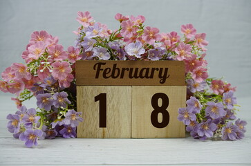 Wooden Calendar Showing the Date of February 18th. Day 18 of February month