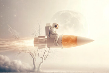 Astronaut Surfing a Rocket Through the Stars