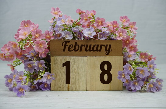 Wooden Calendar Showing the Date of February 18th. Day 18 of February month