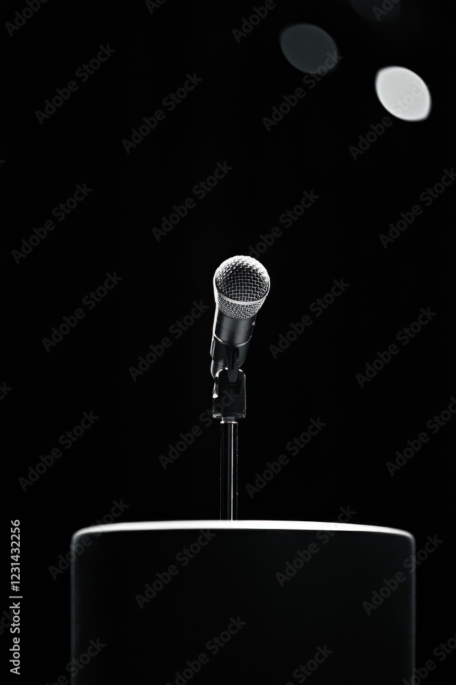 Poster close-up of a single microphone on a stand against a dark background, illuminated by soft spotlights