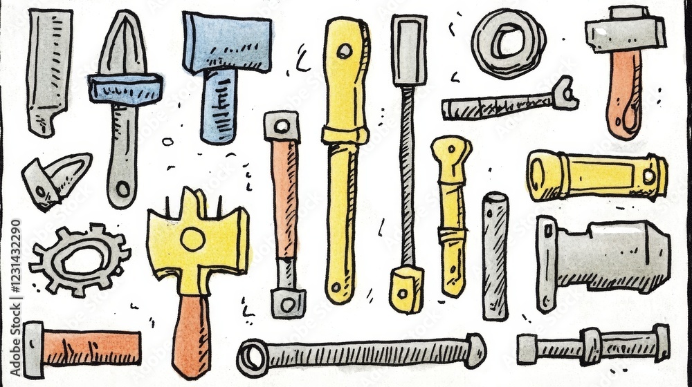 Poster an array of hand tools and mechanical components, meticulously drawn in a vintage style