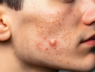 Cystic acne on the face of European male patient.