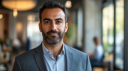 Obraz premium A professional man with a neatly trimmed beard, wearing a business suit and standing confidently in an office space with a modern design.