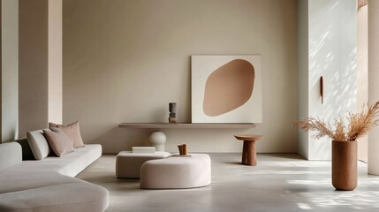 Serene Minimalist Living Room Interior with Neutral Tones and Abstract Art