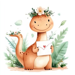 Naklejka premium Brontosaurus wearing a flower crown and carrying a love note, watercolor design, soft colors, isolated on white background.