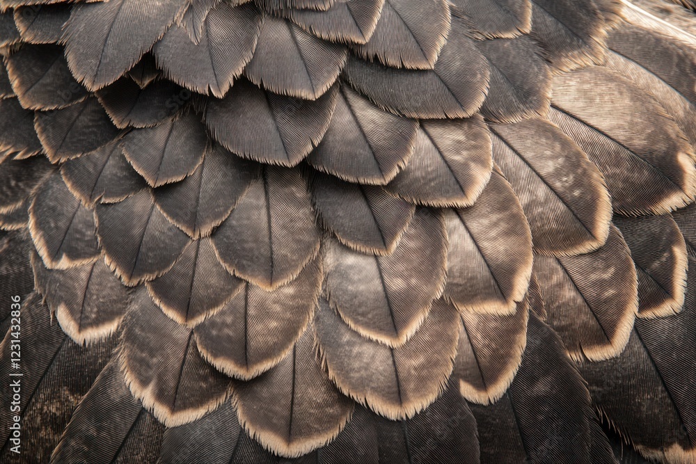 Poster close-up of overlapping dark brown bird feathers with light edges, showing texture and pattern.