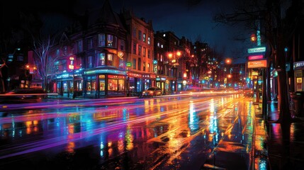 Fototapeta premium Rainy Night City Street, Vibrant Lights, Blurred Traffic, Urban Scene