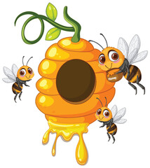 Cheerful Bees Around a Honeycomb