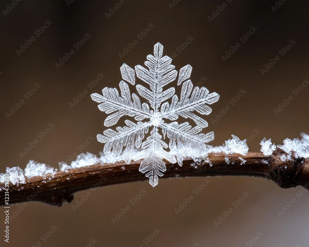 Poster close-up of a single, intricate snowflake resting on a snow-covered branch against a blurred backgro