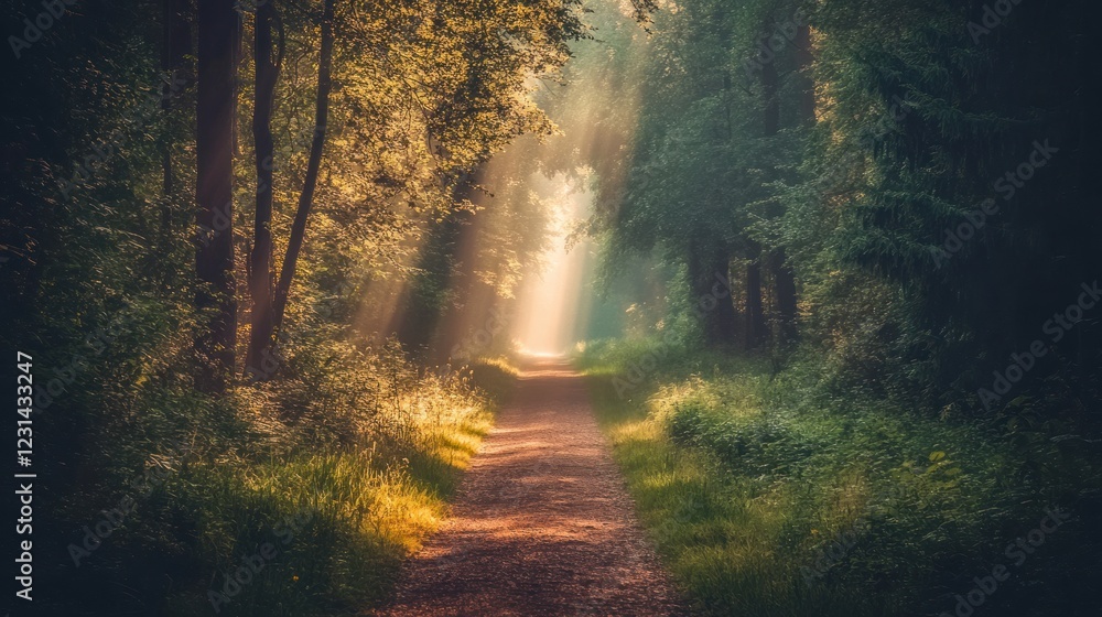 Poster sunlit path through a misty forest; sunlight streams through dense trees, creating a magical, myster