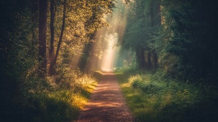 Fototapeta premium Sunlit path through a misty forest; sunlight streams through dense trees, creating a magical, mysterious atmosphere.