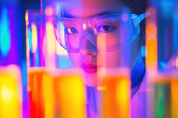 Female scientist in lab coat and safety glasses examines colorful liquids in test tubes under vibrant lighting.