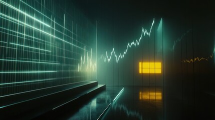 Abstract neon glowing lines forming financial graphs in dark room.