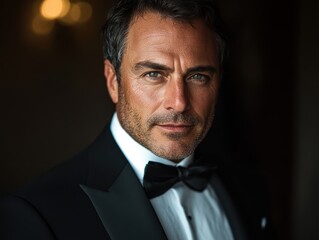 A sophisticated portrait of a man in a tailored tuxedo, with a slight smirk and elegant lighting highlighting his facial features.
