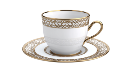 Elegant gold-rimmed teacup and saucer. Perfect for afternoon tea, website banners, or cafe menus isolated on transparent or white background. Generative ai