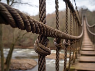 Close-up of rustic rope bridge cables and knots over flowing river in autumn.