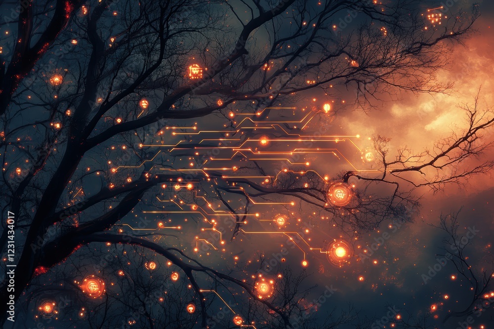 Poster a surreal digital art piece combining elements of nature and technology, with tree branches merging 