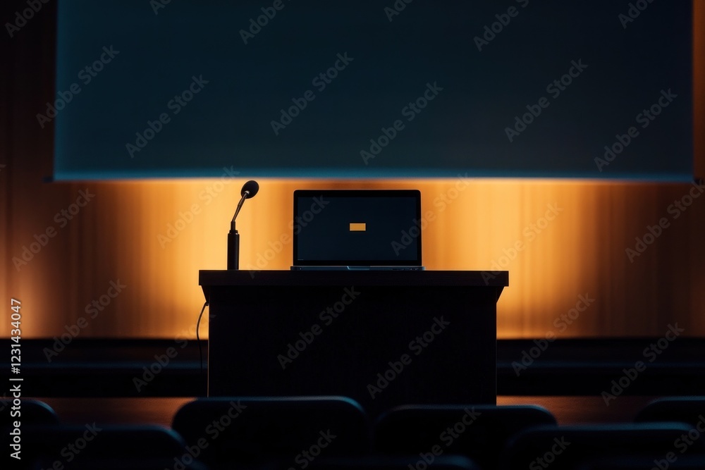 Poster laptop and microphone on a podium in a dark room with an empty screen and rows of seats.