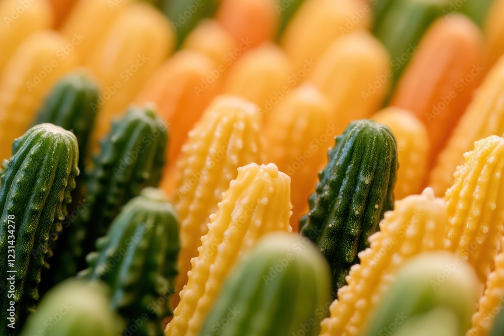 Poster close-up of colorful, small, bumpy cucumbers arranged in rows.