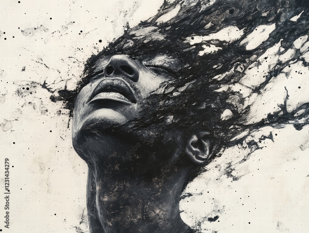 Poster a surreal mixed-media portrait of a man, blending charcoal sketches, paint splatters, and photograph